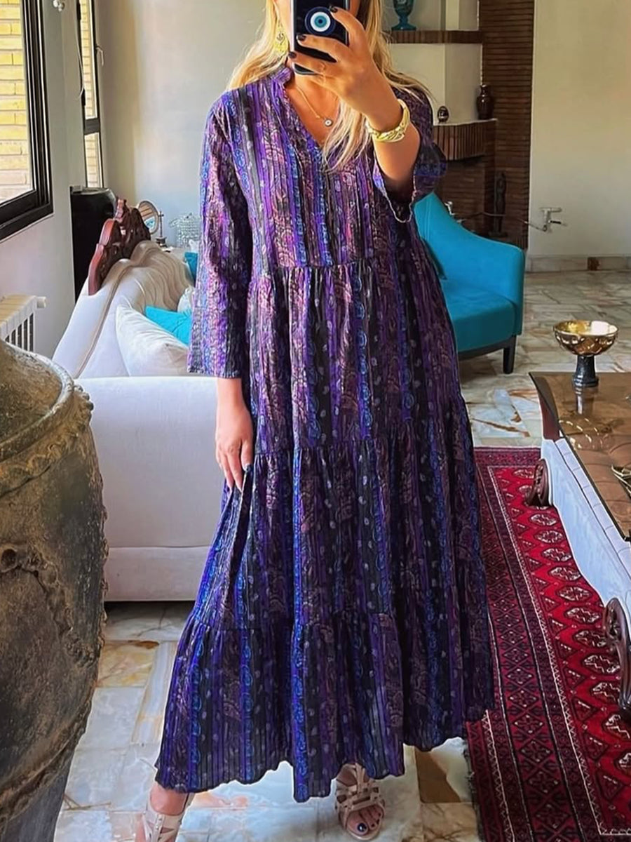 Pleated Floral Print Cotton and Linen Dress