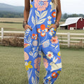 Women's Vintage Flower Art Print Casual 100% Cotton Wide Leg Jumpsuit