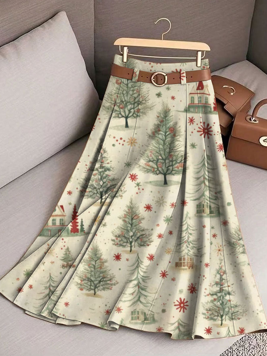 Women's Vintage Christmas Art Print Cotton Skirt