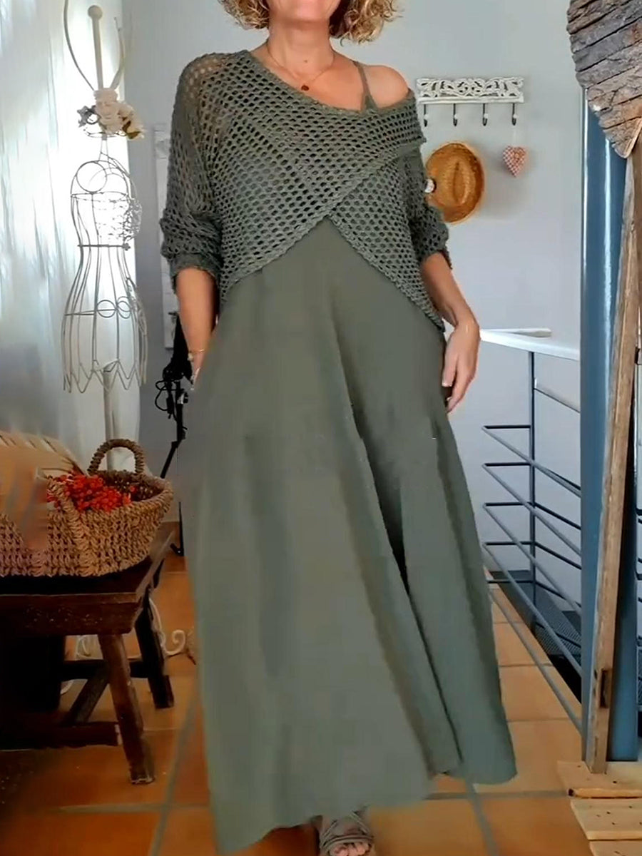 Women's Grid Knit Top Linen Dress Two-Piece Set