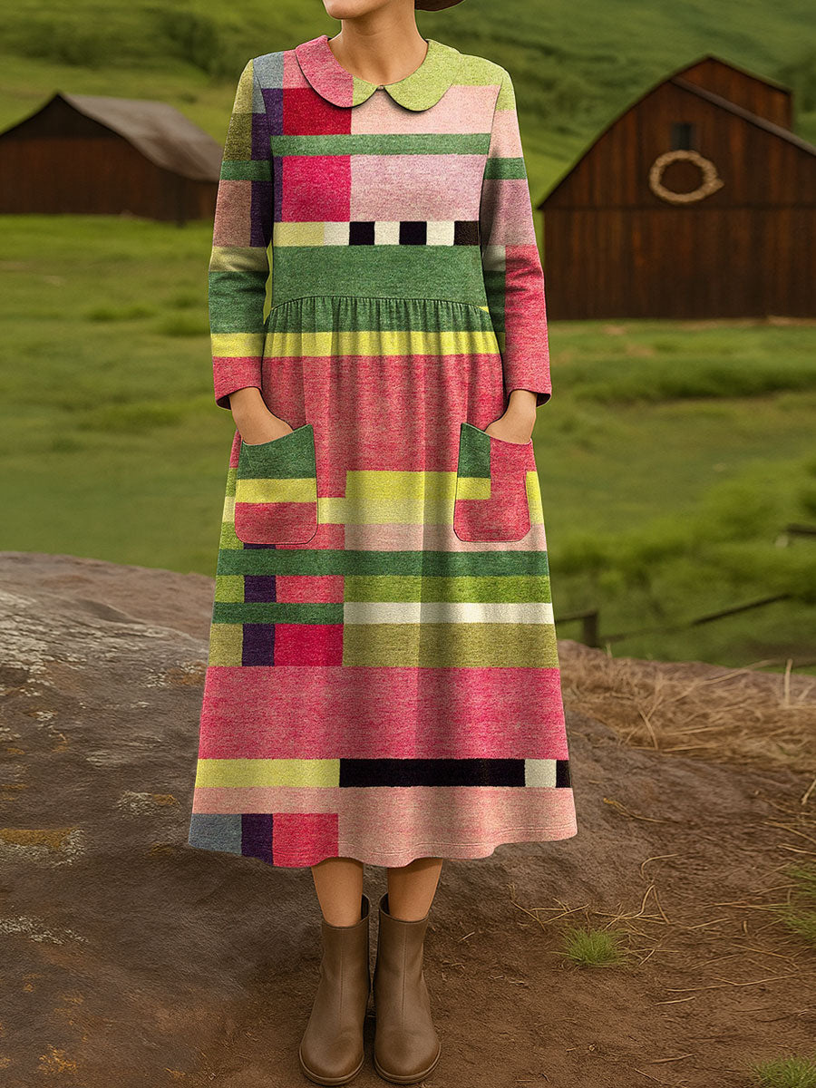 Women's Vintage Abstract Geometric Art Print Cotton Lapel Button-Down Shirt Dress