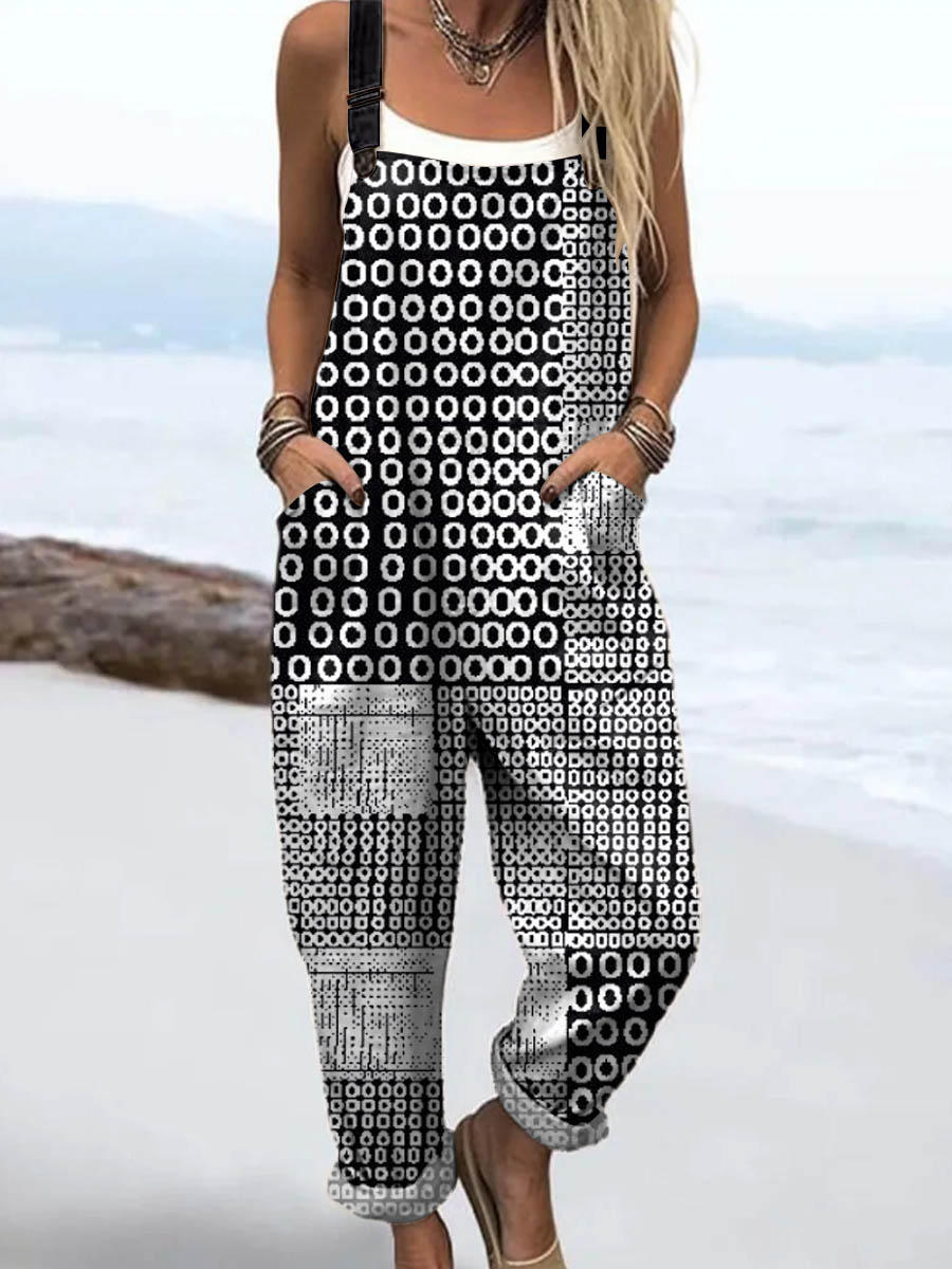 Women's Abstract Geometric Pattern Art Print Casual 100% Cotton Wide Leg Jumpsuit