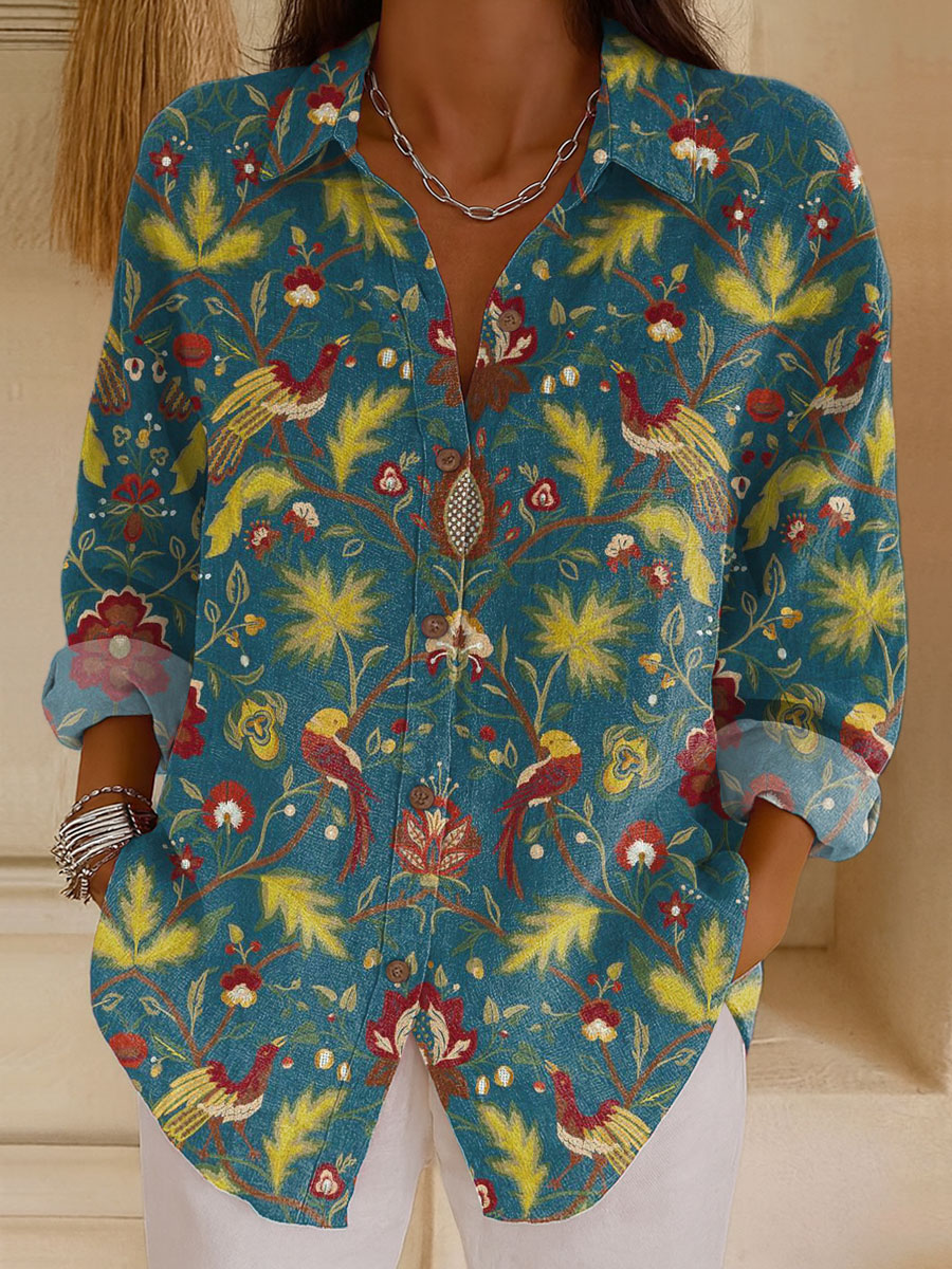 Women's  Vintage Flower Art Print Casual Cotton Shirt