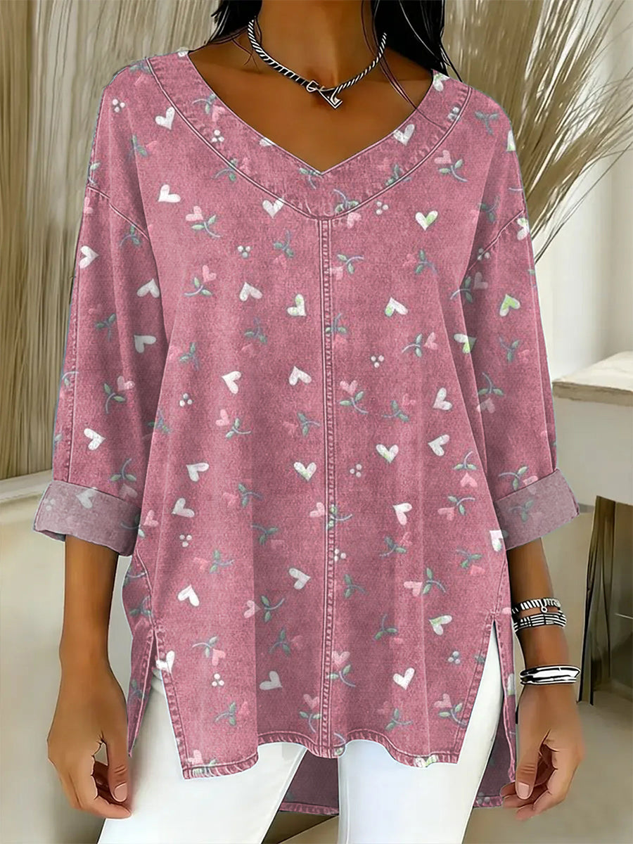 Women's Valentine's Day Pink Flower Art Art Patterns Casual Washed Denim Cotton Top