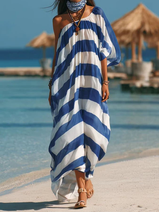 Women's Flowy Blue And White Striped Off-shoulder Casual Dress