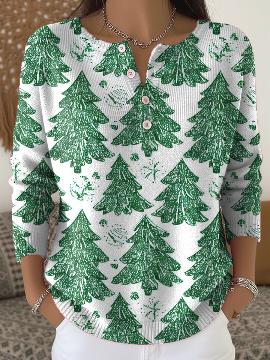 Cute Winter Christmas Tree Drawing Art Print Buttoned Cardigan Sweater