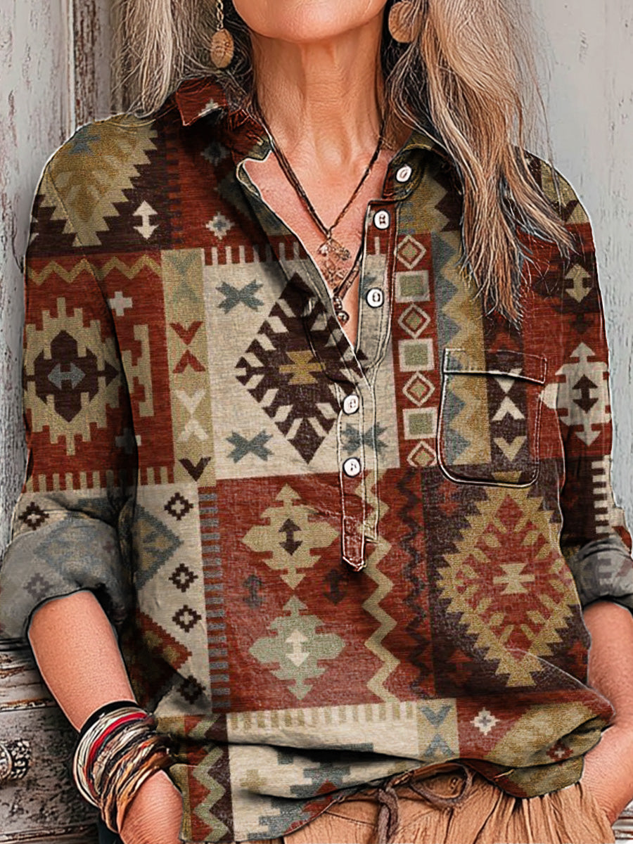 Women's Vintage National Diamond Geometric Splicing Art Print Casual Cotton And Linen Shirt