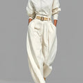 Casual Linen And Cotton Crew-neck Shirt And High-waisted Tapered Trousers Two-piece Set.