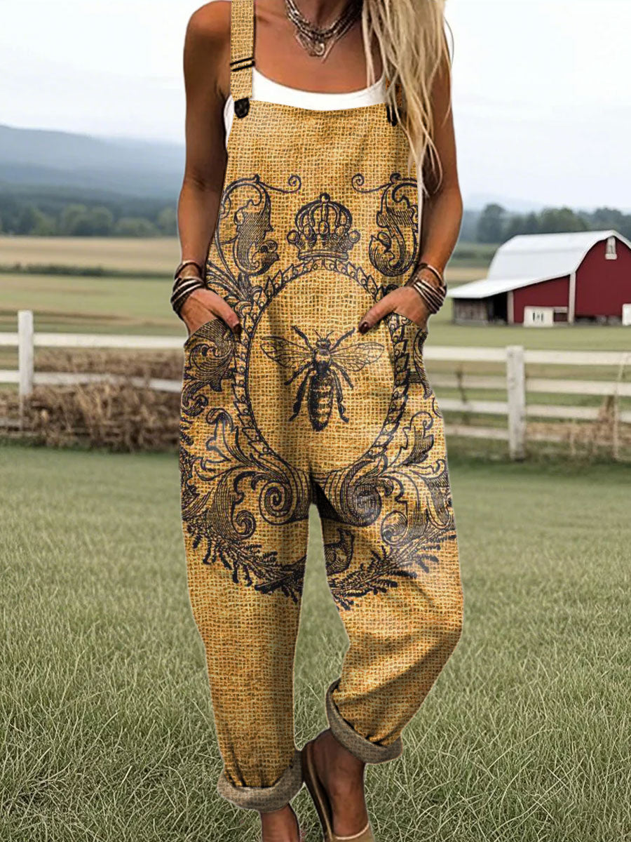 Women's Vintage Bee Pattern Art Print Casual 100% Cotton Wide Leg Jumpsuit