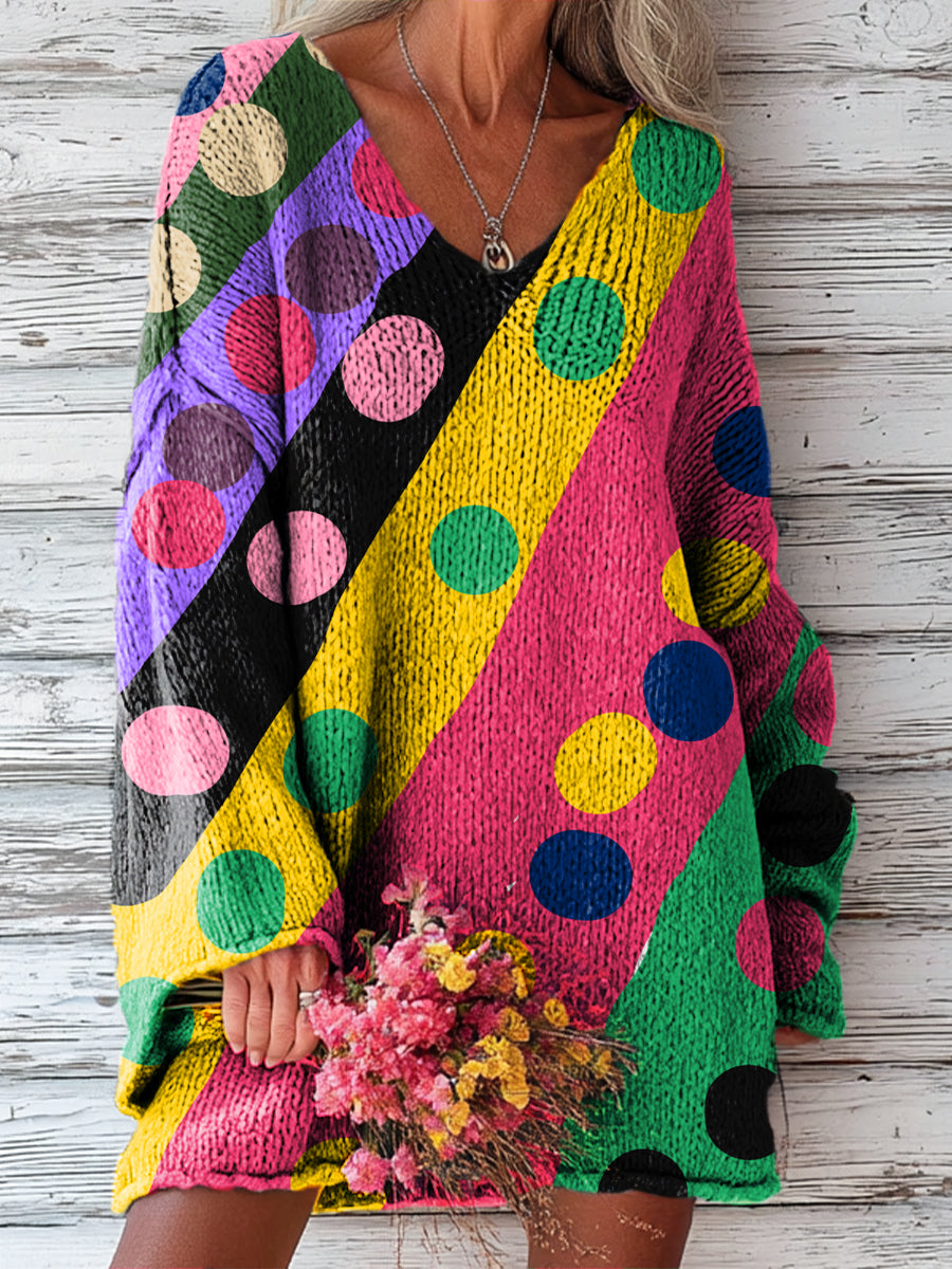 womens-beautiful-colorful-stripe-polka-dot-painting-art-print-casual-pullover-sweater