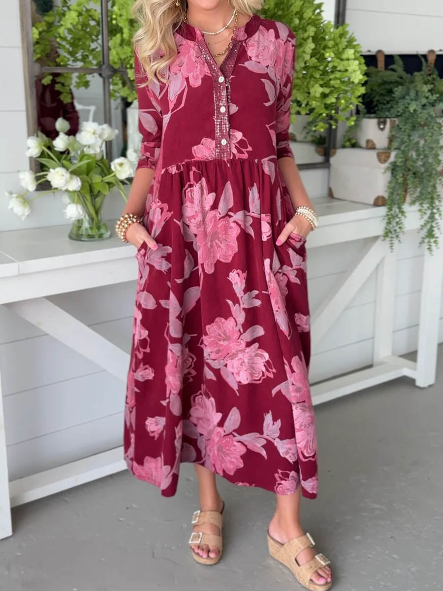 Women's Retro Print V-Neck Long Sleeve Casual Loose A-Line Dress