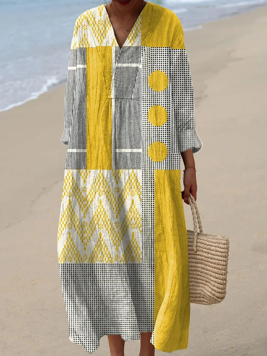 Women's Vintage Abstract Geometric Art Print Sleeveless Cotton Pocket Wrap Dress