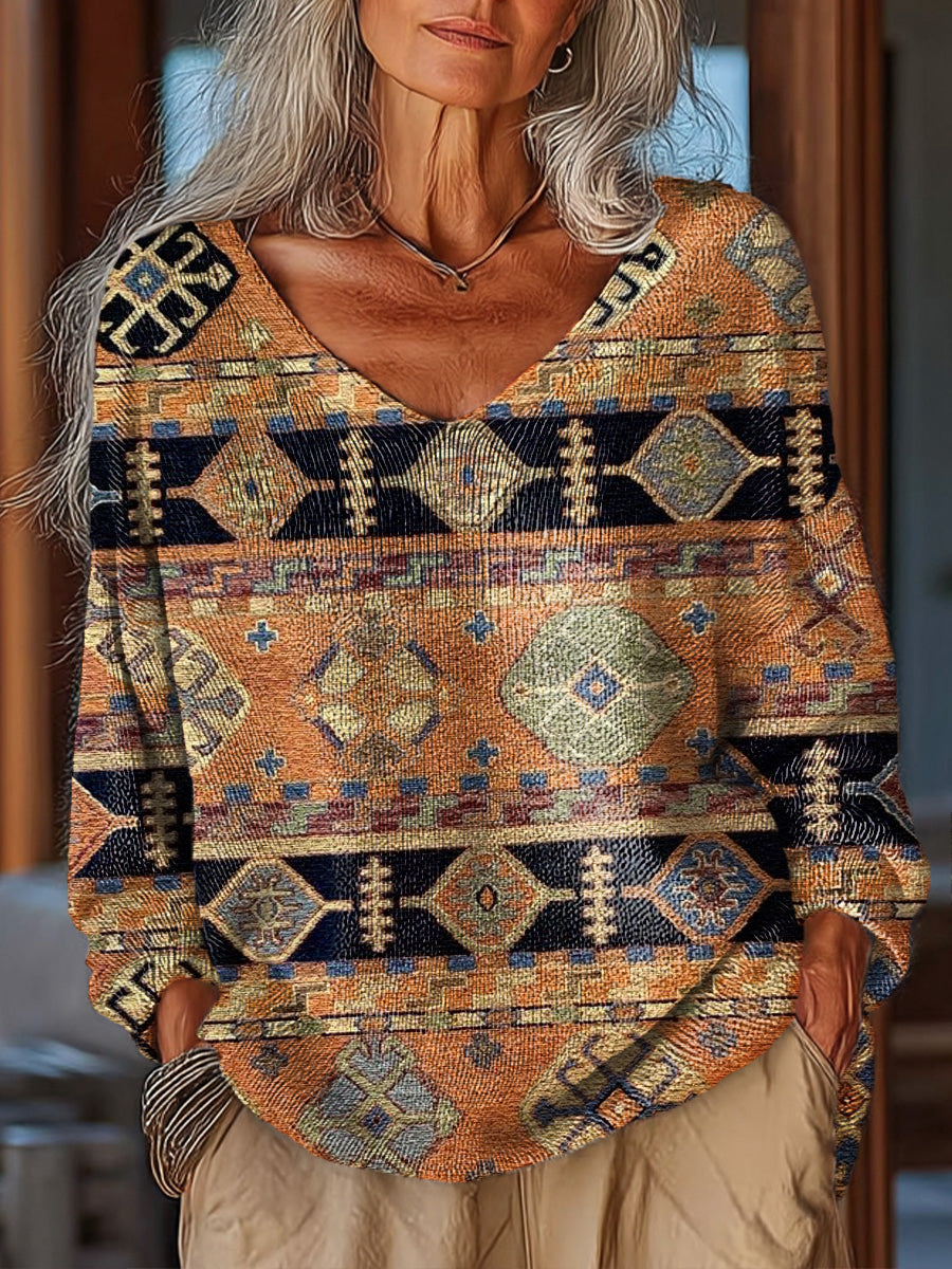 Women's Beautiful Vintage Diamond Geometric Stripe Art Print Casual Pullover Sweater