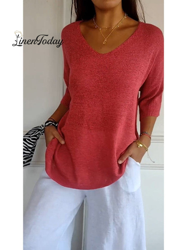 Solid Color Knitted V-neck Top