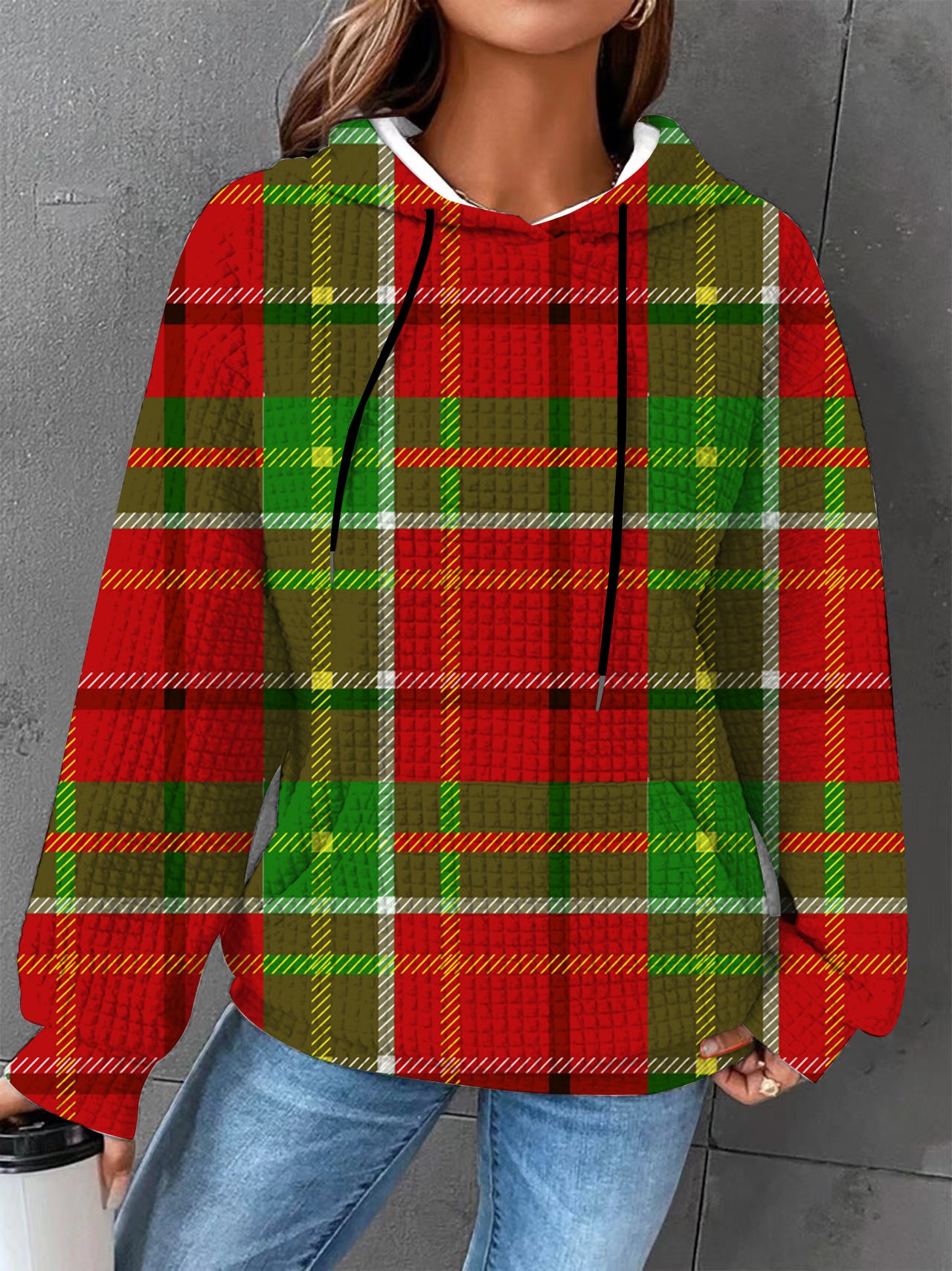 Plus size Autumn/Winter Women's Essential Creative Printed Long Sleeve Hooded Waffle Sweatshirt