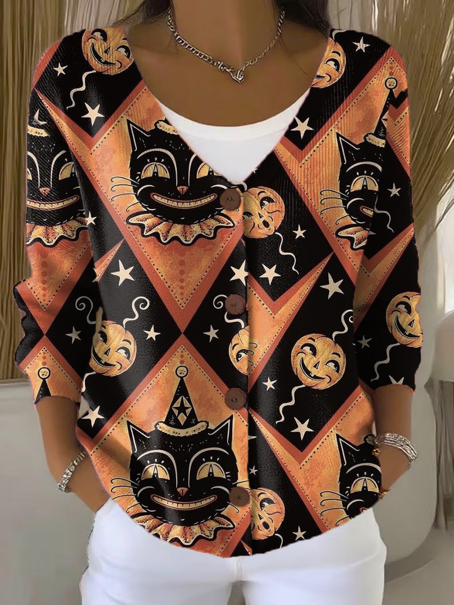 halloween-cat-print-buttoned-v-neck-cardigan-sweater