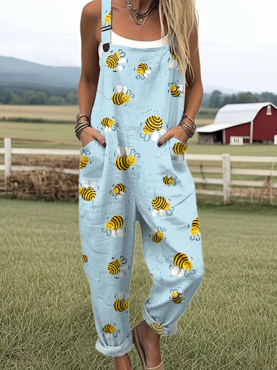 Women's Funny Bee Art Print Casual 100% Cotton Wide Leg Jumpsuit
