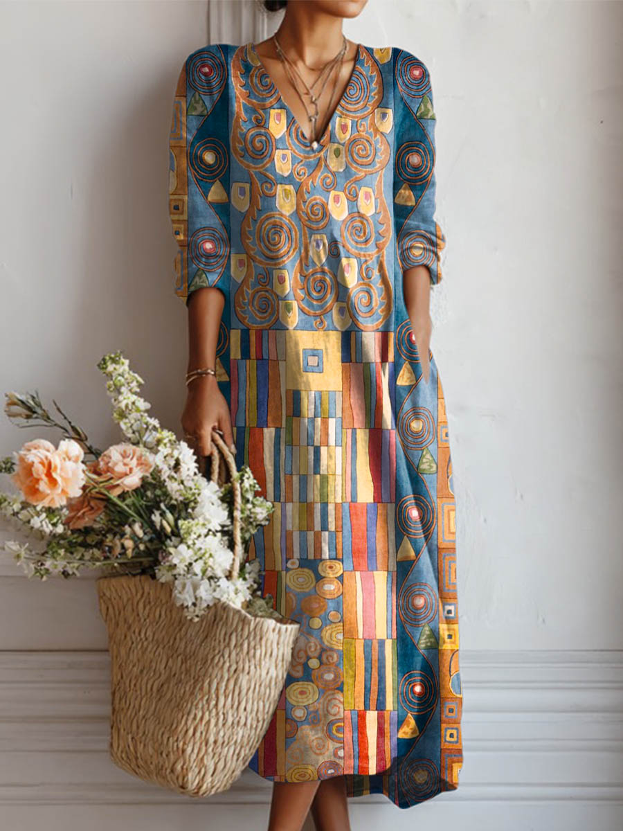 Women's Geometric Pattern Art Print Casual Cotton Linen Pocket Dress