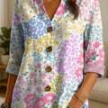 Women's Floral Flowers Pattern Print Casual Cotton And Linen Shirt