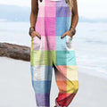 Women's Colorful Art Plaid Print Casual 100% Cotton Wide Leg Jumpsuit