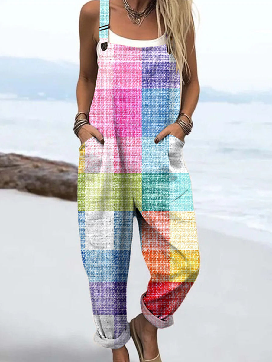 Women's Colorful Art Plaid Print Casual 100% Cotton Wide Leg Jumpsuit
