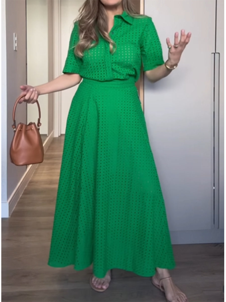 Women's 100% Cotton Short-sleeved Shirt and Skirt Two-piece Set