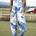 Women's Vintage Floral Birds Art Print Casual 100% Cotton Wide Leg Jumpsuit