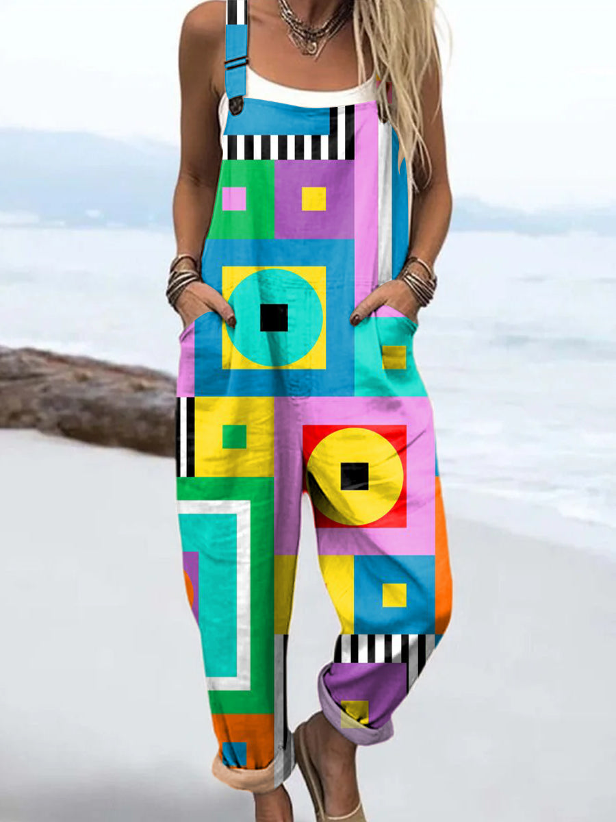 Women's Bright Colorful Geometric Circles Painting Art Print Casual 100% Cotton Wide Leg Jumpsuit