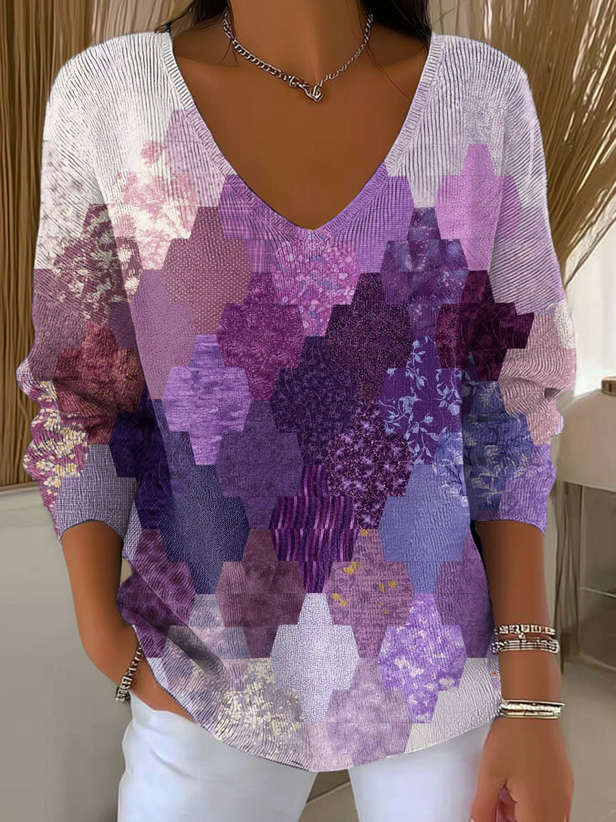 Women's Patchwork Pattern Art Print Casual Pullover Sweater