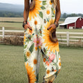 Women's Vintage Flower Art Print Casual 100% Cotton Wide Leg Jumpsuit