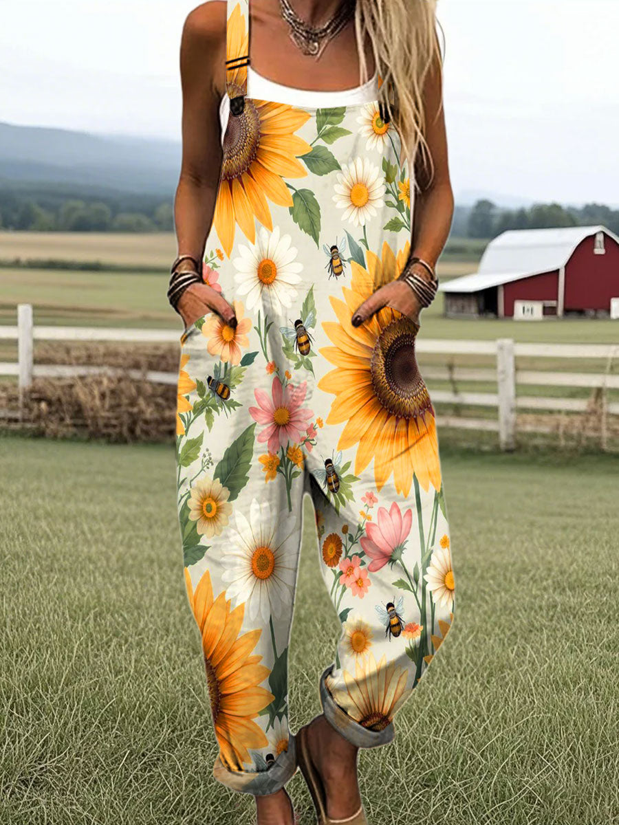 Women's Vintage Flower Art Print Casual 100% Cotton Wide Leg Jumpsuit