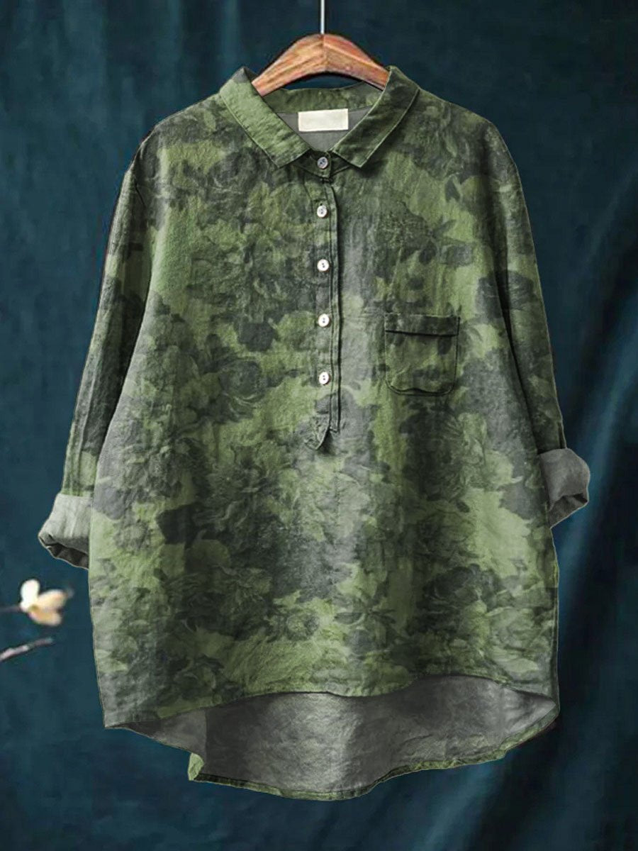 Women's Vintage Floral Art Print Casual Cotton And Linen Shirt