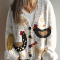 vintage-chicken-art-print-buttoned-v-neck-cardigan-sweater