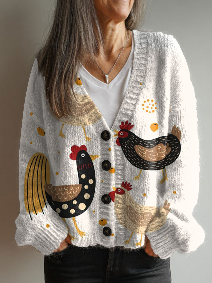 vintage-chicken-art-print-buttoned-v-neck-cardigan-sweater