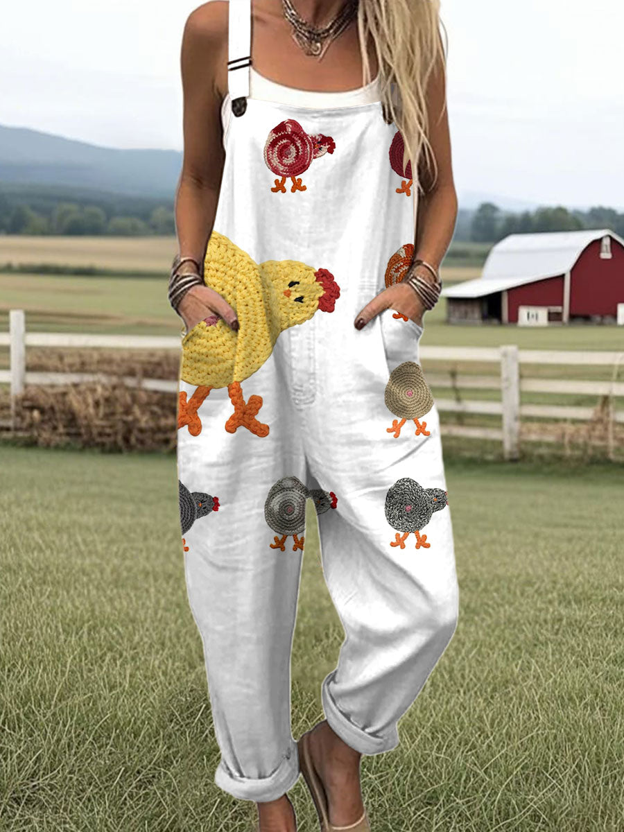 Women's  Funny Chicken Art Print Casual 100% Cotton Wide Leg Jumpsuit