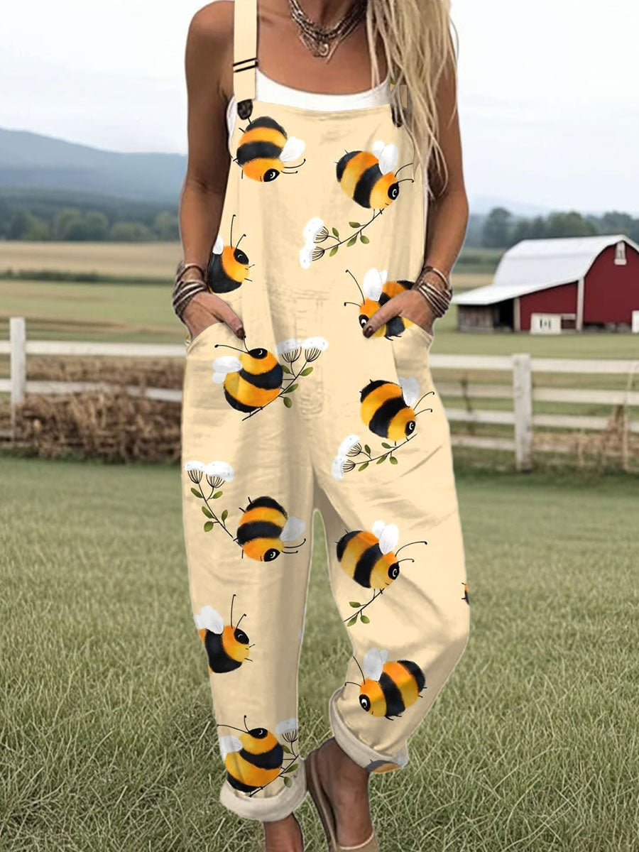 Women's  Funny Bee Art Print Casual 100% Cotton Wide Leg Jumpsuit
