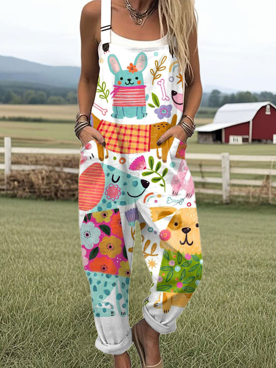 Women's  Cute Animals Print Casual 100% Cotton Wide Leg Jumpsuit