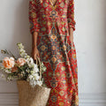 Robe décontractée en coton et lin à imprimé floral vintage pour femme, avec poches. 