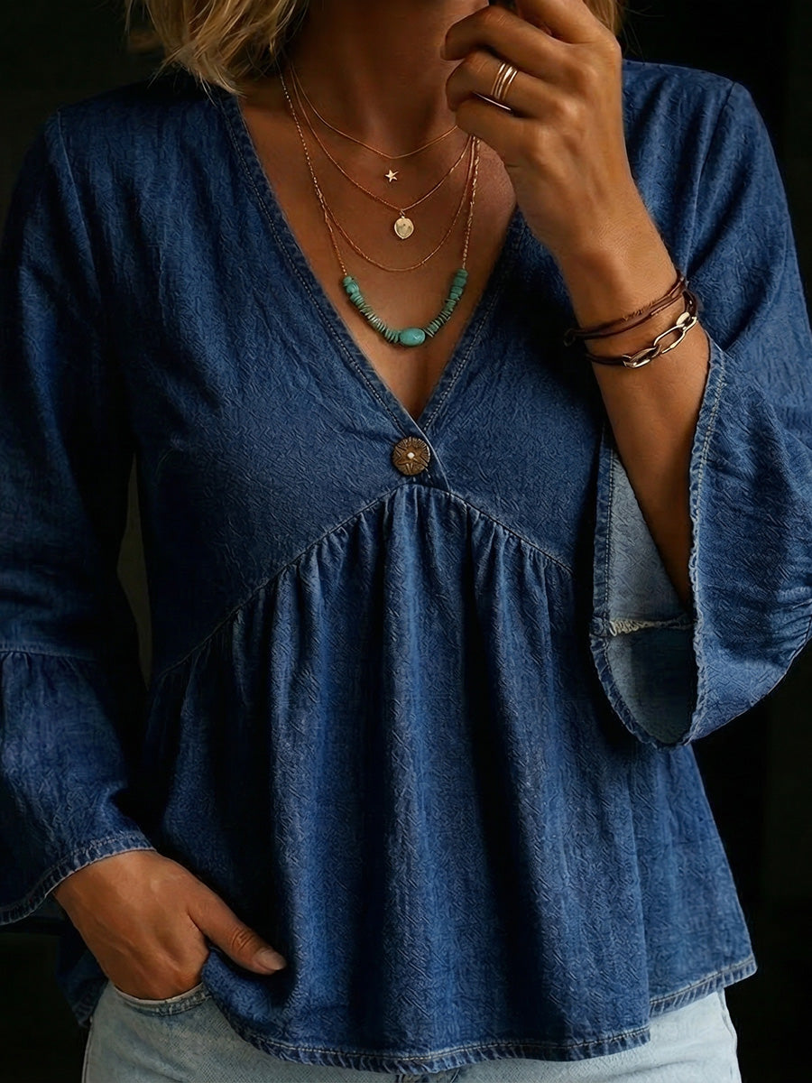 Women's V-neck Ruffle Sleeves Denim Top