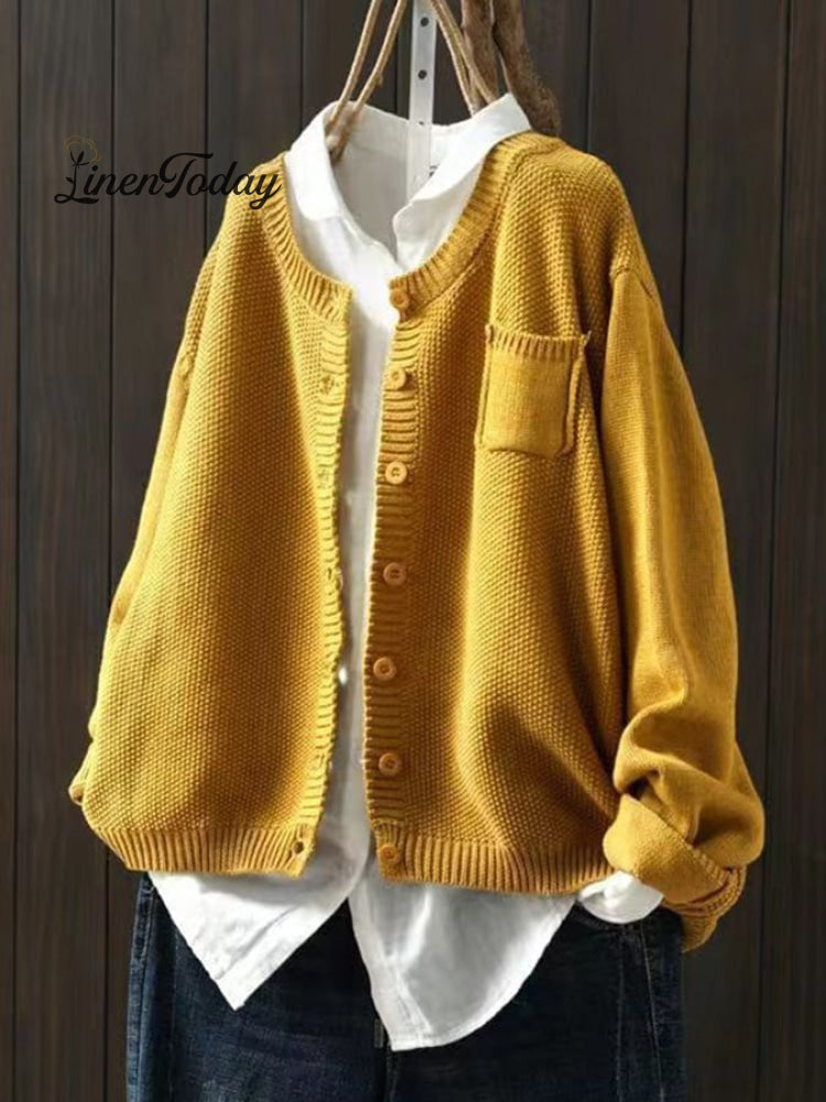 Women's Retro Art Loose Casual Button Front Sweater