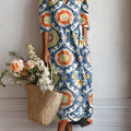 Women's Vintage Flower Art Print Linen Pocket Tunic Dress