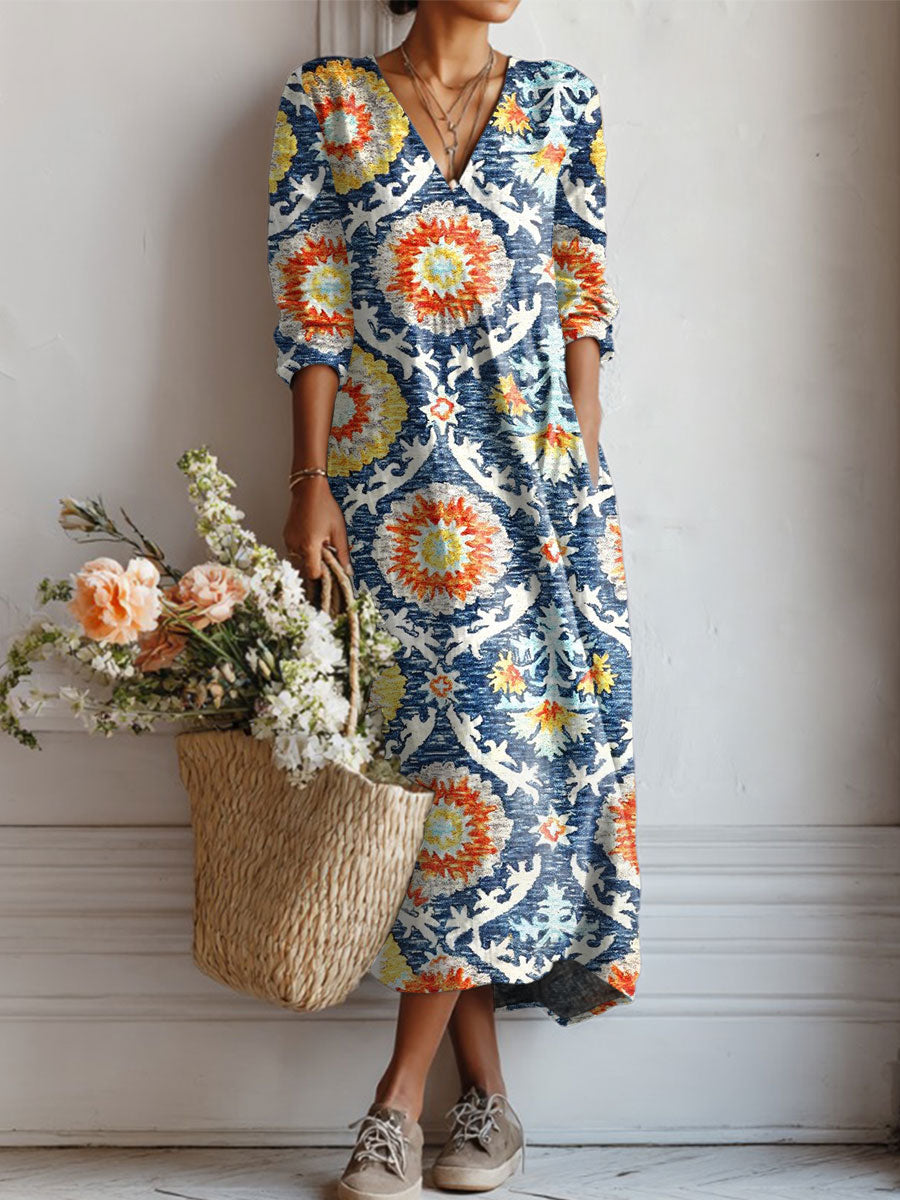 Women's Vintage Flower Art Print Linen Pocket Tunic Dress