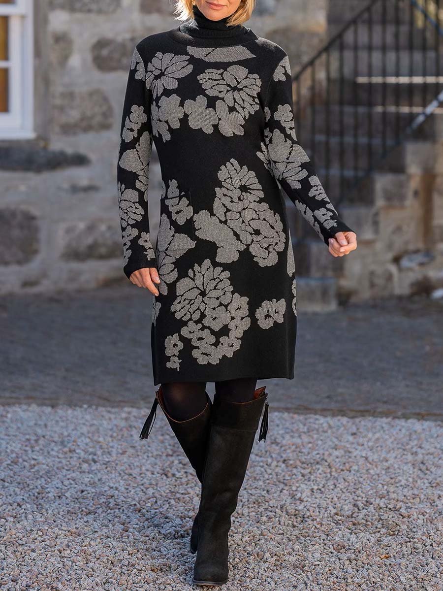 Women's Retro Print Round Neck Long Sleeve Casual Loose Knit Dress