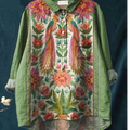 Women's Vintage Lovely Floral Birds Art Print Casual Cotton And Linen Shirt