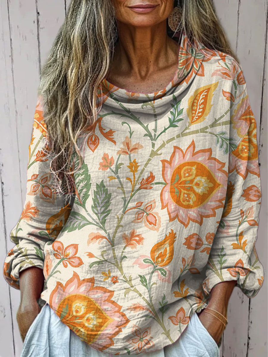 Women's  Vintage  Flower Art Print Casual Long Sleeve Comfortable Cotton Shirt
