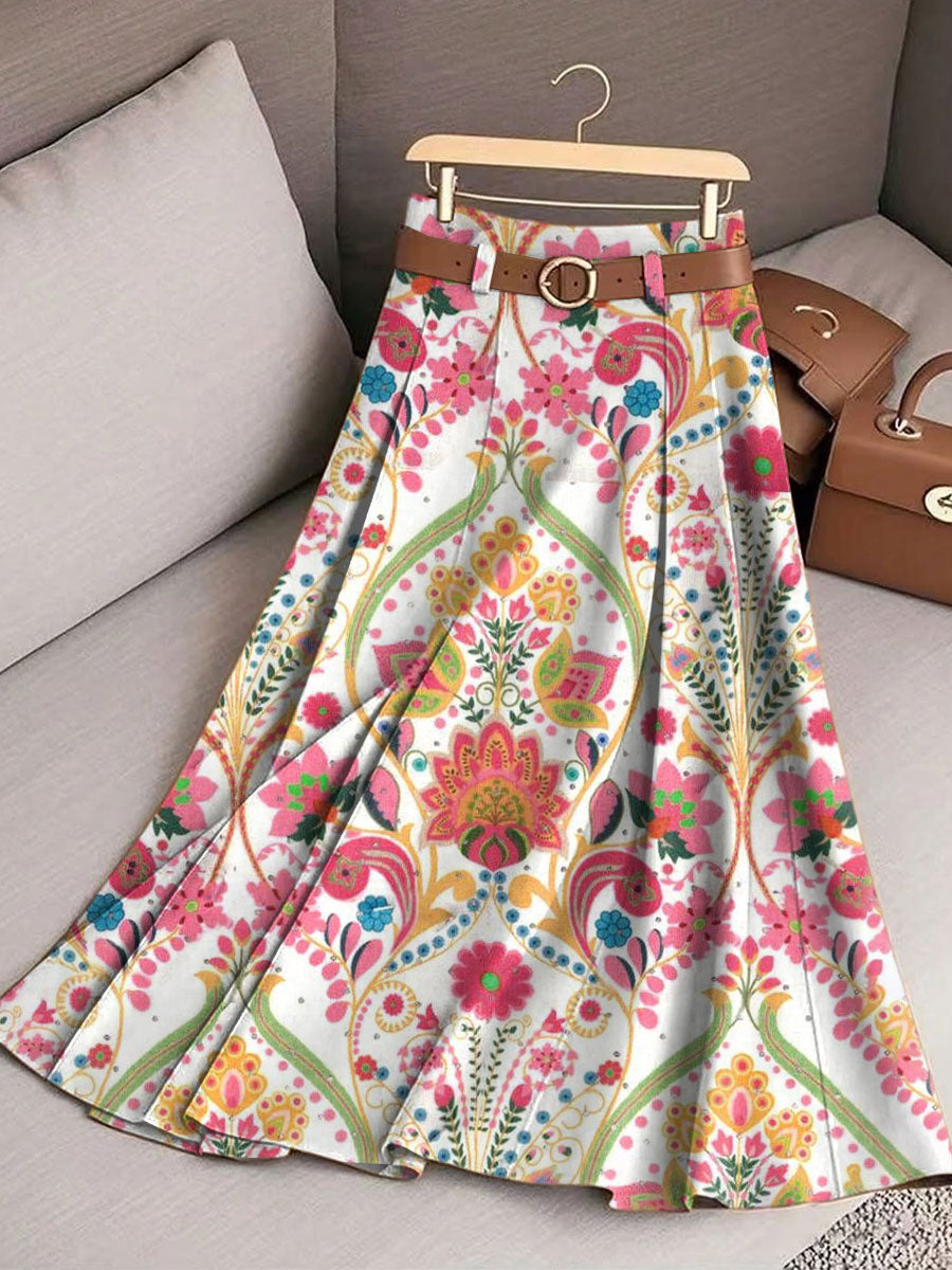 Women's Vintage Flower Art Print Cotton Skirt