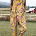 Women's Vintage Birds Floral Pattern Art Print Casual 100% Cotton Wide Leg Jumpsuit