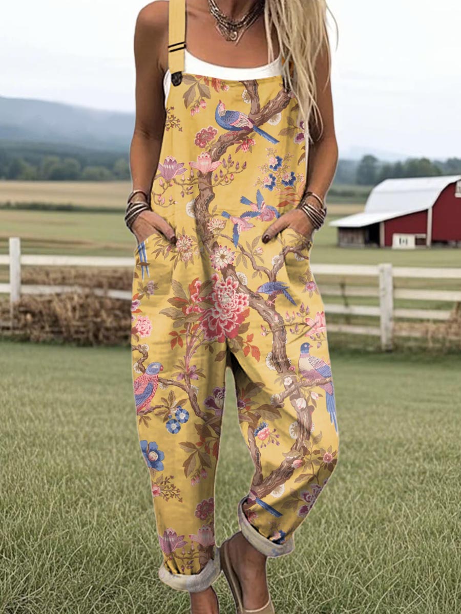 Women's Vintage Birds Floral Pattern Art Print Casual 100% Cotton Wide Leg Jumpsuit