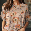 womens vintage floral art print casual crew neck short sleeve knitted sweater