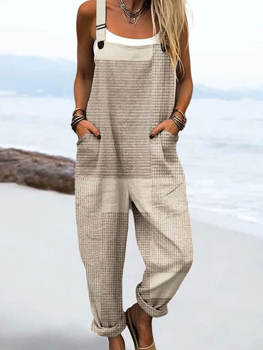 Women's Vintage Abstract Geometric Line Art Print Casual 100% Cotton Wide Leg Jumpsuit